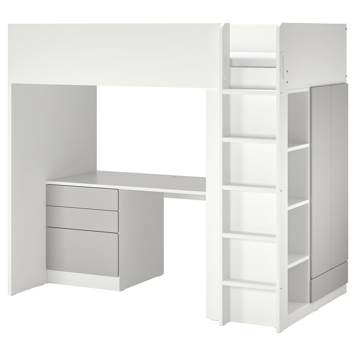 LIKIMIO Letto A Soppalco In Metallo Con Scrivania E Ripiani, Con Luci LED E Presa, 2 Scale, Per Adolescenti E Adulti, Risparmio Spazio