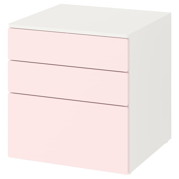 Cassettiera SMÅSTAD: 3 cassetti rosa pastello, cornice bianca, design semplice.