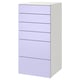 Armadio alto bianco con sei cassetti lavanda, design moderno.