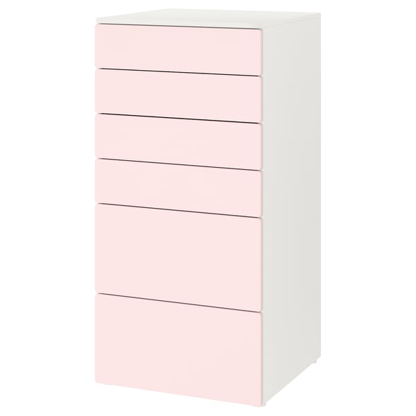 Un mobile contenitore verticale chiamato SMÅSTAD in rosa chiaro con cinque cassetti, ciascuno regolabile e realizzato in truciolare e vernice acrilica.