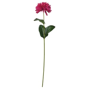 Singolo fiore di dalia artificiale rosa brillante con foglie verdi attaccate a uno stelo di plastica flessibile e riciclabile.