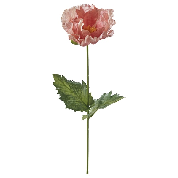 Un singolo papavero artificiale rosa con gambo e foglie verdi, realizzato con materiali riciclati.