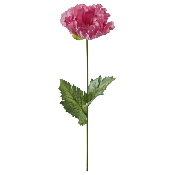 Fiore di papavero artificiale rosa, gambo e foglie verdi, ecologico, vibrante e realistico.