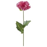 Fiore di papavero artificiale rosa, gambo e foglie verdi, ecologico, vibrante e realistico.