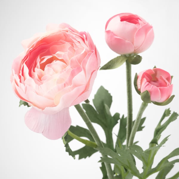 Fiori artificiali rosa realistici, 3 teste con foglie verdi, vivaci e freschi.