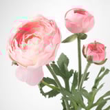 Fiori artificiali rosa realistici, 3 teste con foglie verdi, vivaci e freschi.