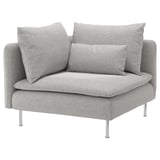 Divano angolare grigio SÖDERHAMN, design moderno ed elegante con gambe alte, morbidi cuscini e tappezzeria con motivi neutri.