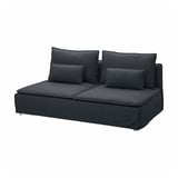 Divano moderno a forma di L nero con due cuscini di seduta, rivestimento in morbido tessuto, design pulito e minimalista.