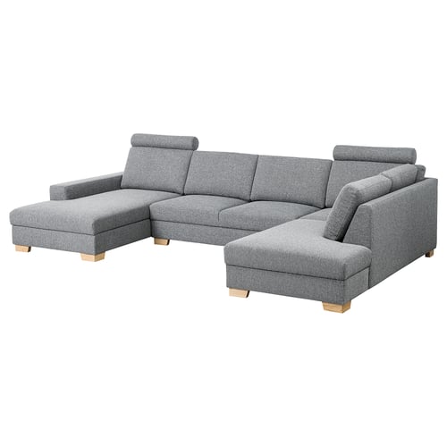 SÖRVALLEN divano componibile moderno in tessuto grigio, a forma di L, con gambe in legno.