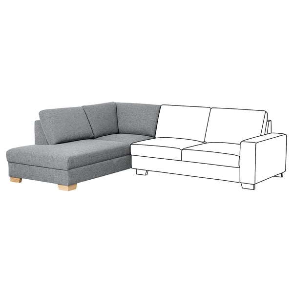 Divano componibile SÖRVLEN, grigio, tessuto con struttura, forma a L, cuscini ricchi, gambe in rovere massello.