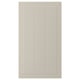 Un'anta beige dell'armadio da cucina con un design a pannello scanalato. Ha una forma quadrata con una finitura liscia e laccata.