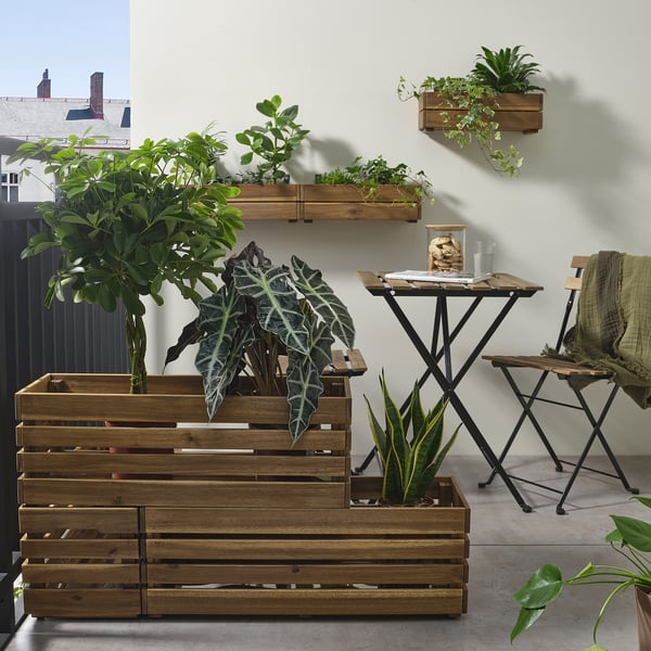 STJÄRNANIS fioriere in legno di acacia. Multilivello, robusto, espone piante di grandi dimensioni. Si piega in piano per riporlo.