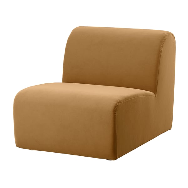 Sedia moderna in tessuto marrone con design curvo e sedile e schienale imbottiti.