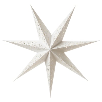 La lampada bianca a forma di stella STRÅLA, realizzata in cartone, emette una luce calda.