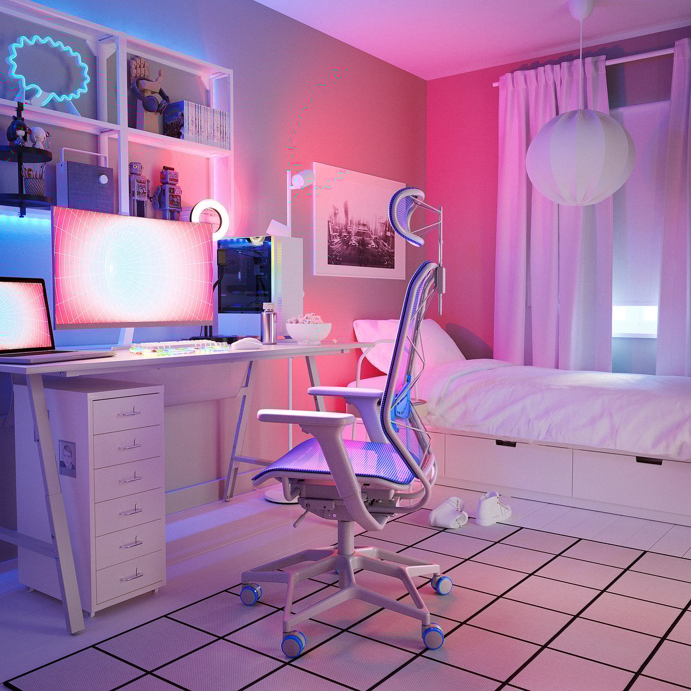 Camera da letto illuminata al neon con scrivania, sedia e letto bianchi. Computer, decorazioni e luci vivaci.