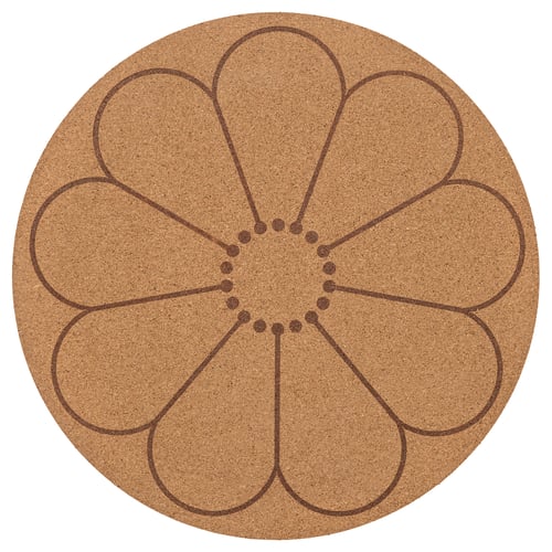Tovaglietta rotonda in sughero con disegno floreale marrone.