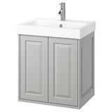 TÄNNFORSEN mobile da bagno grigio chiaro. A parete con doppie ante, bordi smussati, lavabo in ceramica e rubinetto cromato.