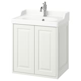 Vanity TÄNNFORSEN bianco: design classico, bordi smussati, lavello singolo, rubinetto cromato.