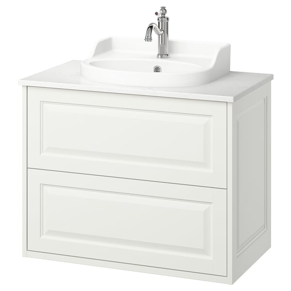 Mobile da bagno TÄNNFORSEN bianco con bordi smussati, rubinetto cromato, mobile con due cassetti.