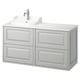 Vanity da bagno in tannforsen bianco, bancone in marmo, rubinetto cromato.