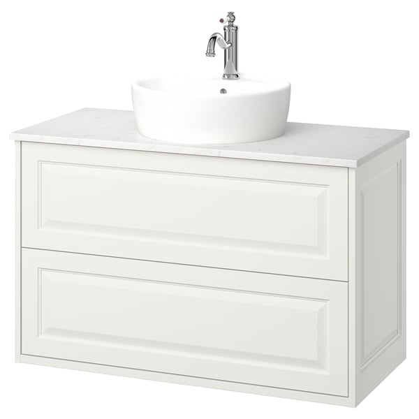 Mobile da bagno TÄNNFORSEN bianco, lavabo curvo, piano di lavoro in marmo, mobile a muro.