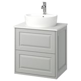 Mobile da bagno TÄNNFORSEN grigio chiaro con lavabo rotondo bianco e rubinetto in argento.