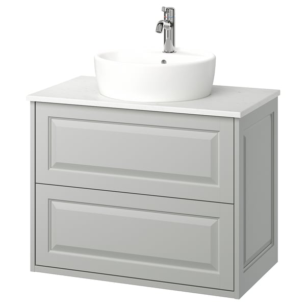 TÄNNFORSEN mobile da bagno grigio chiaro, lavabo rotondo, a parete, bordi smussati.