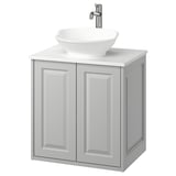 Mobile da bagno grigio moderno, top in marmo bianco e lavandino a vasca. Include rubinetto cromato. Design classico ed elegante.