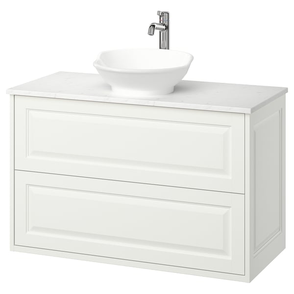 Mobile bagno TÄNNFORSEN bianco con piano in marmo, lavabo rotondo in ceramica, rubinetto cromato, sospeso con due cassetti.