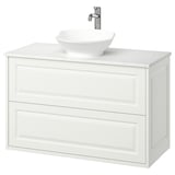 Mobile bagno TÄNNFORSEN bianco con piano in marmo, lavabo rotondo in ceramica, rubinetto cromato, sospeso con due cassetti.