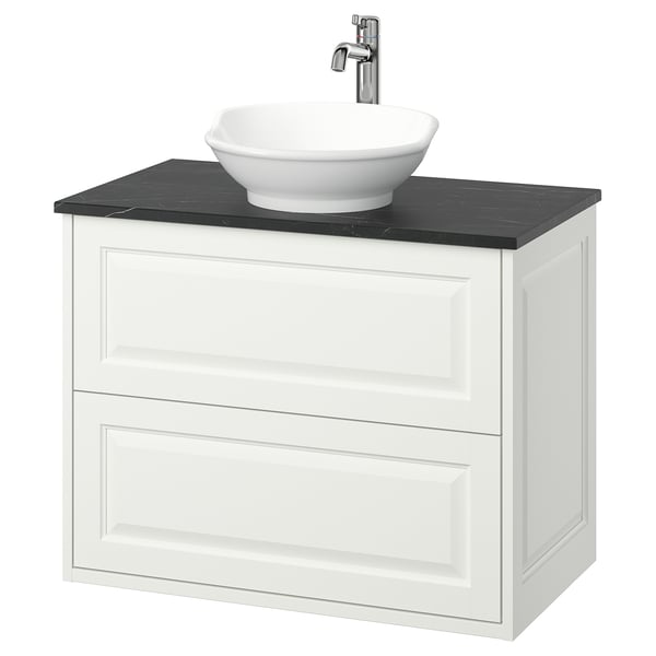 Mobiletto bagno bianco TÄNNFORSEN, piano di lavoro in marmo, lavabo rotondo in ceramica, rubinetto cromato.