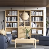 Soggiorno con mensole, libri e decorazioni TONSTAD. Mobili blu e grigi, tavolino con vassoio e pianta.