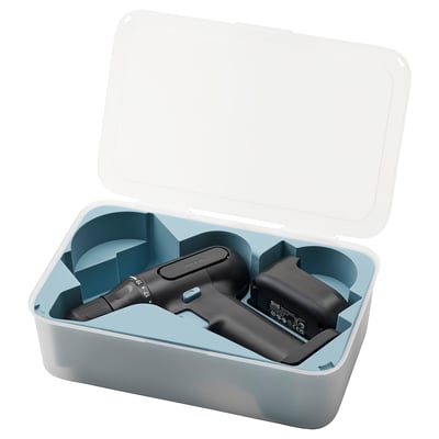 Avvitatore a batteria ikea TRIXIG nero con interruttore blu, impugnatura ergonomica in impugnatura nera gommata, luce a led, magnete per il fissaggio delle viti.