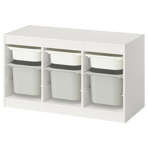 Mobile contenitore TROFAST bianco con 6 contenitori rimovibili per giocattoli per bambini.