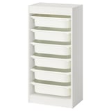 Un mobile contenitore bianco TROFAST con più scatole trasparenti con tappo verde, ideale per organizzare i giocattoli dei bambini.