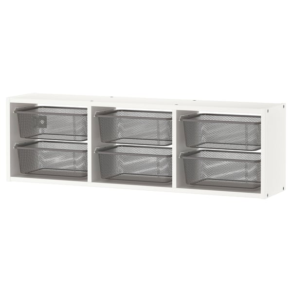 Pensile Ikea TROFAST, bianco, con sei contenitori in rete grigia, forma rettangolare, design moderno.