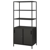 Mobiletto portaoggetti ikea TROTTEN nero con sezioni aperte e chiuse.