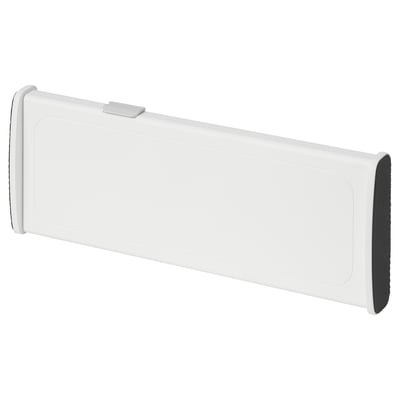 Divisorio organizer per cassetti in plastica bianca, regolabile, design elegante con estremità a guarnizione.