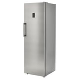 Un frigorifero alto in acciaio inox chiamato TYNNERÅS. Ha un design elegante e stretto con una maniglia sul lato destro e un display digitale nella parte superiore.