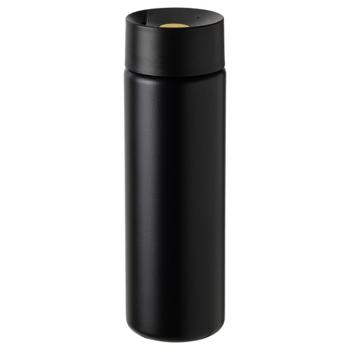 Tazza da viaggio nera, elegante, forma cilindrica, coperchio a scatto con una sola mano, superficie antiscivolo, corpo in acciaio inossidabile.