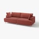 Divano rosso con gambe di metallo, tessuto testurizzato, tre cuscini, design moderno. Divano UPPÅKRA.
