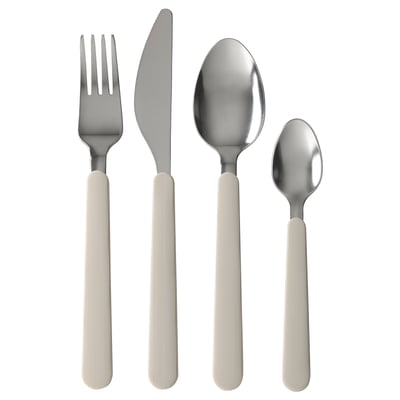 Set di posate in acciaio inox con manico beige in quattro pezzi: forchetta, coltello, cucchiaio grande, cucchiaio piccolo.