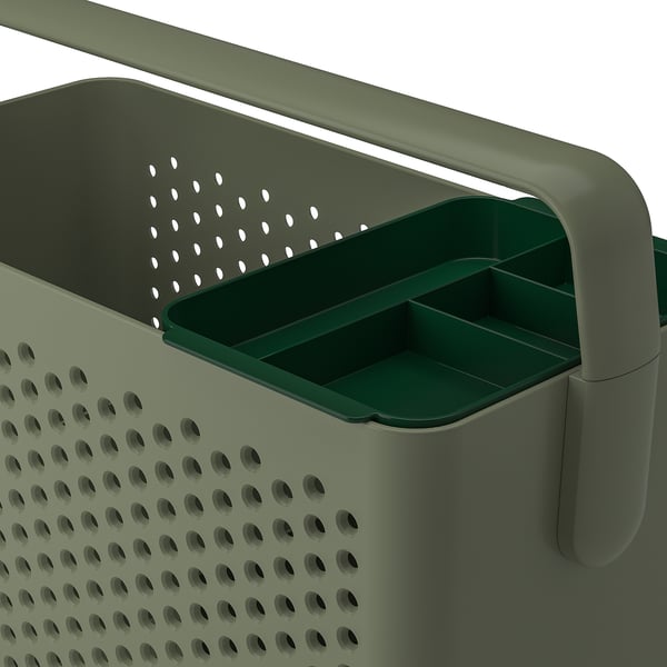 Organizer in plastica verde con maniglia e scomparti per un facile trasporto e organizzazione.