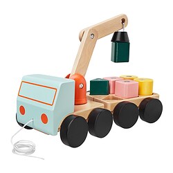 Camion giocattolo in legno con gru e blocchi, azzurro chiaro e arancione, blocchi attaccati a magnete, robusto legno di faggio.