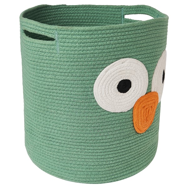 Cestino portaoggetti gufo UPPSTÅ verde, cotone intrecciato, rotondo con manici.