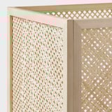 Primo piano del cesto VÄLTNING che mostra un intricato disegno di canna a trama fitta; Colore beige naturale.