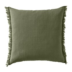Cuscino da lancio VALLKRASSING verde, quadrato con bordi frangiati, morbida mussola di cotone.