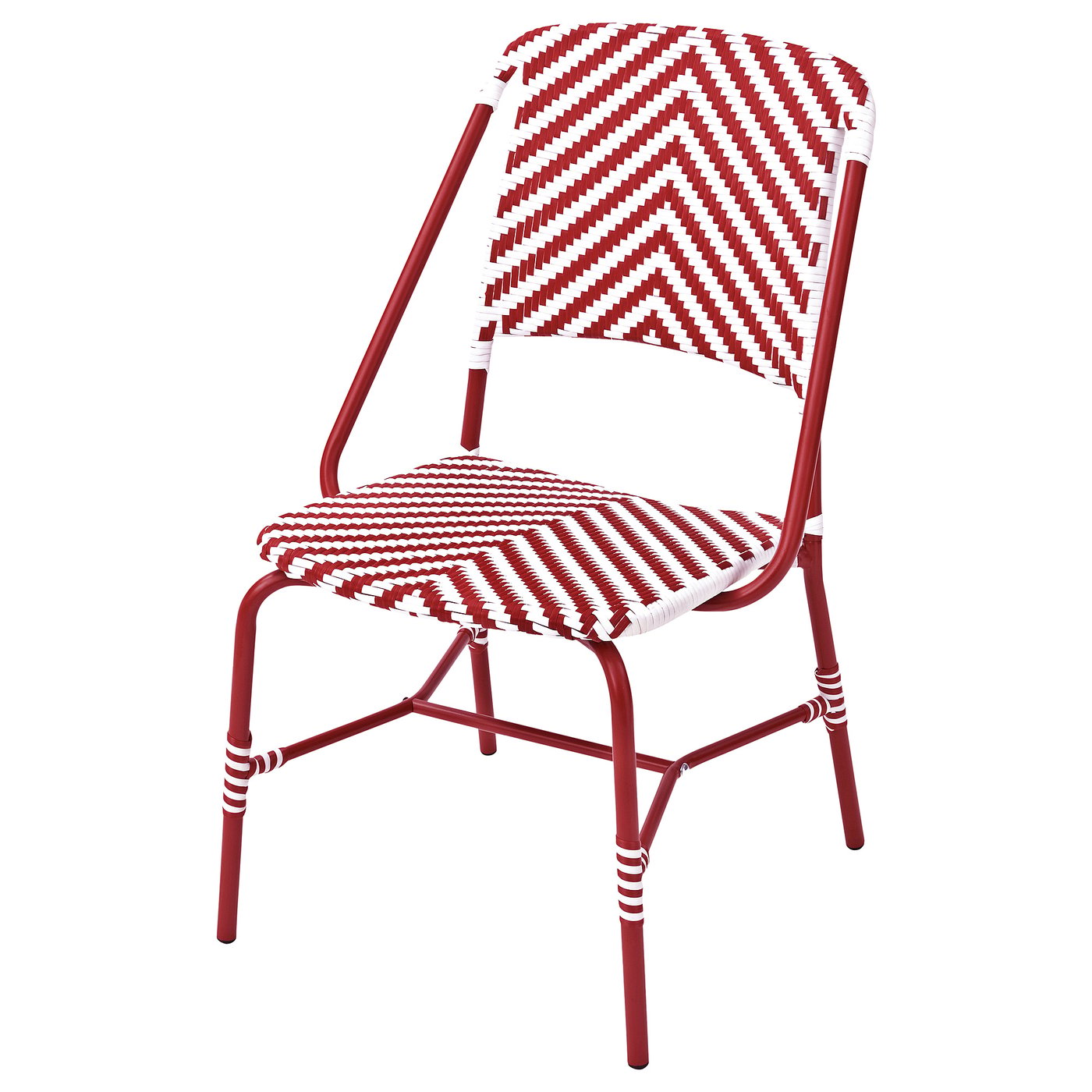 Sedia rosso-bianca VASSHOLMEN, struttura in metallo, intricata seduta/schienale intrecciata, elegante design da bistrot francese.