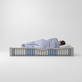 Una persona dorme su un materasso VATNESTRÖM, dotato di zone di comfort blu, molle insacchettate e materiali naturali per il supporto e la regolazione della temperatura.