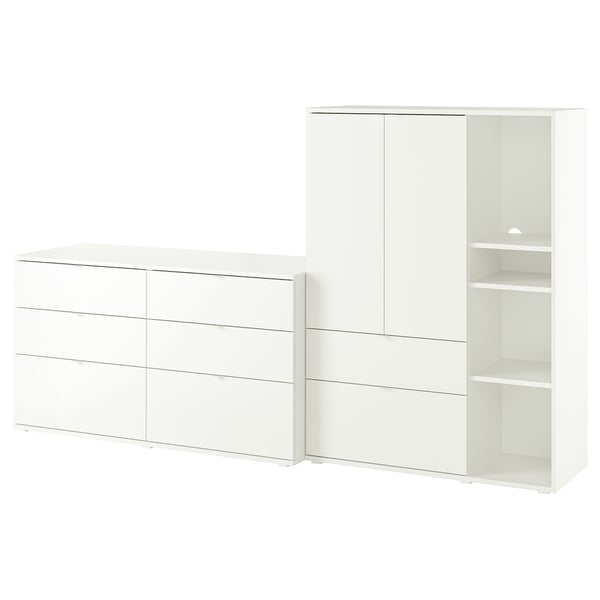 Un set di mobili VIHALS bianco, che comprende una cassettiera con 6 cassetti e un mobile contenitore con ripiani e cassetti.